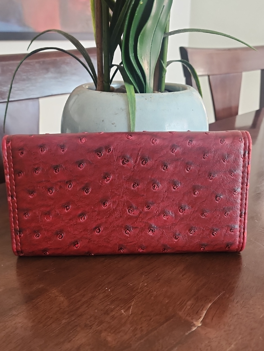 Mulberry Red Ostrich Embossed Leather Wallet Gold Tree Medallion Flap - Picture 3 of 8
